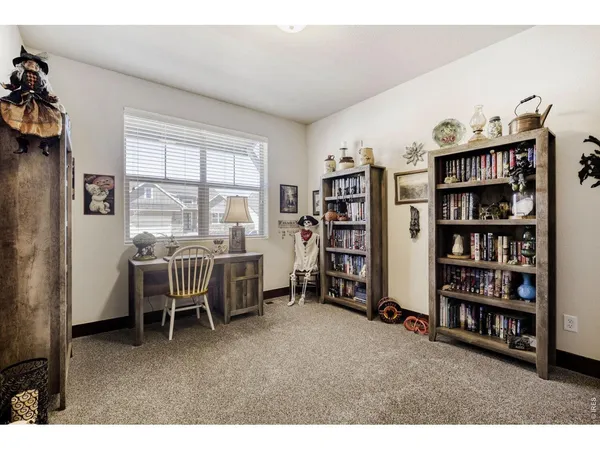 a bedroom with furniture and a book shelf