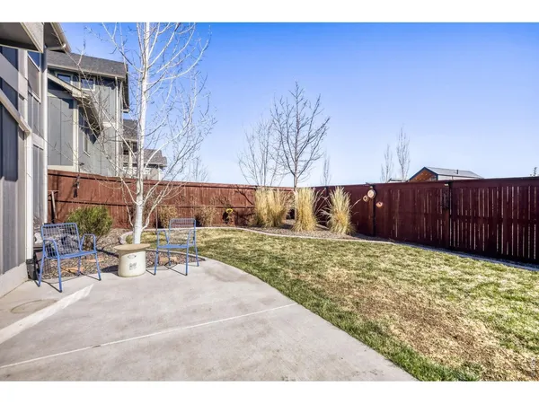 a view of a backyard with wooden fence