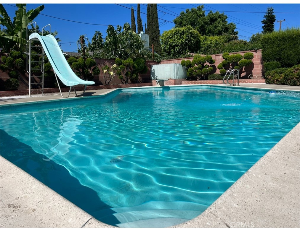 a view of a swimming pool with a garden and trees