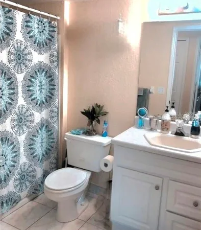 a bathroom with a sink a toilet and mirror