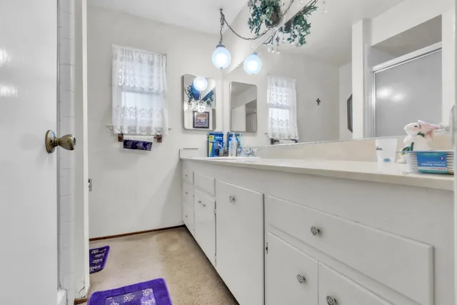 a bathroom with a sink a large mirror and a shower