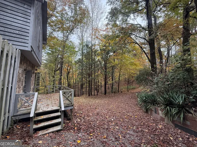 a view of a park with large trees