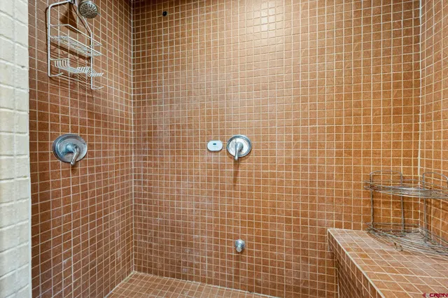 a bathroom with a blue shower