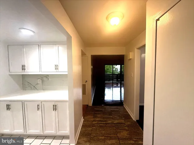 a view of a hallway with wooden floor and cabinet