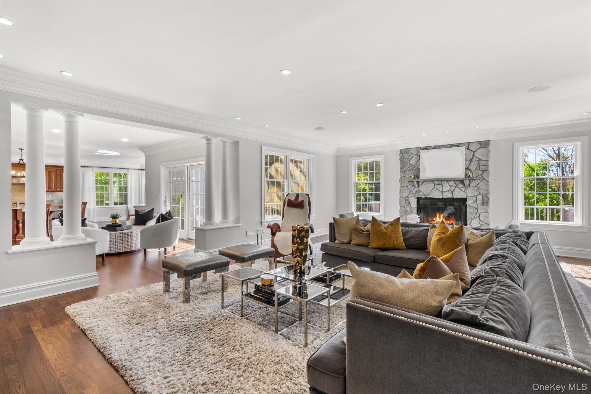 496 Long Ridge Road Bedford, NY 10576 - Photo 5 of 49 Living area featuring ornate columns, crown molding, dark wood finished floors, plenty of natural light, and recessed lighting