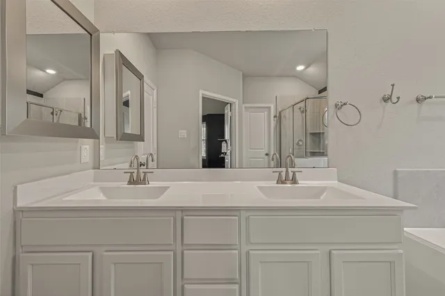 a bathroom with a sink vanity and a mirror