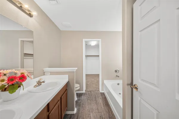 a bathroom with a bath tub sink mirror and vanity