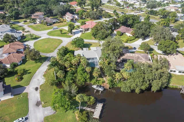 an aerial view of a swimming pool