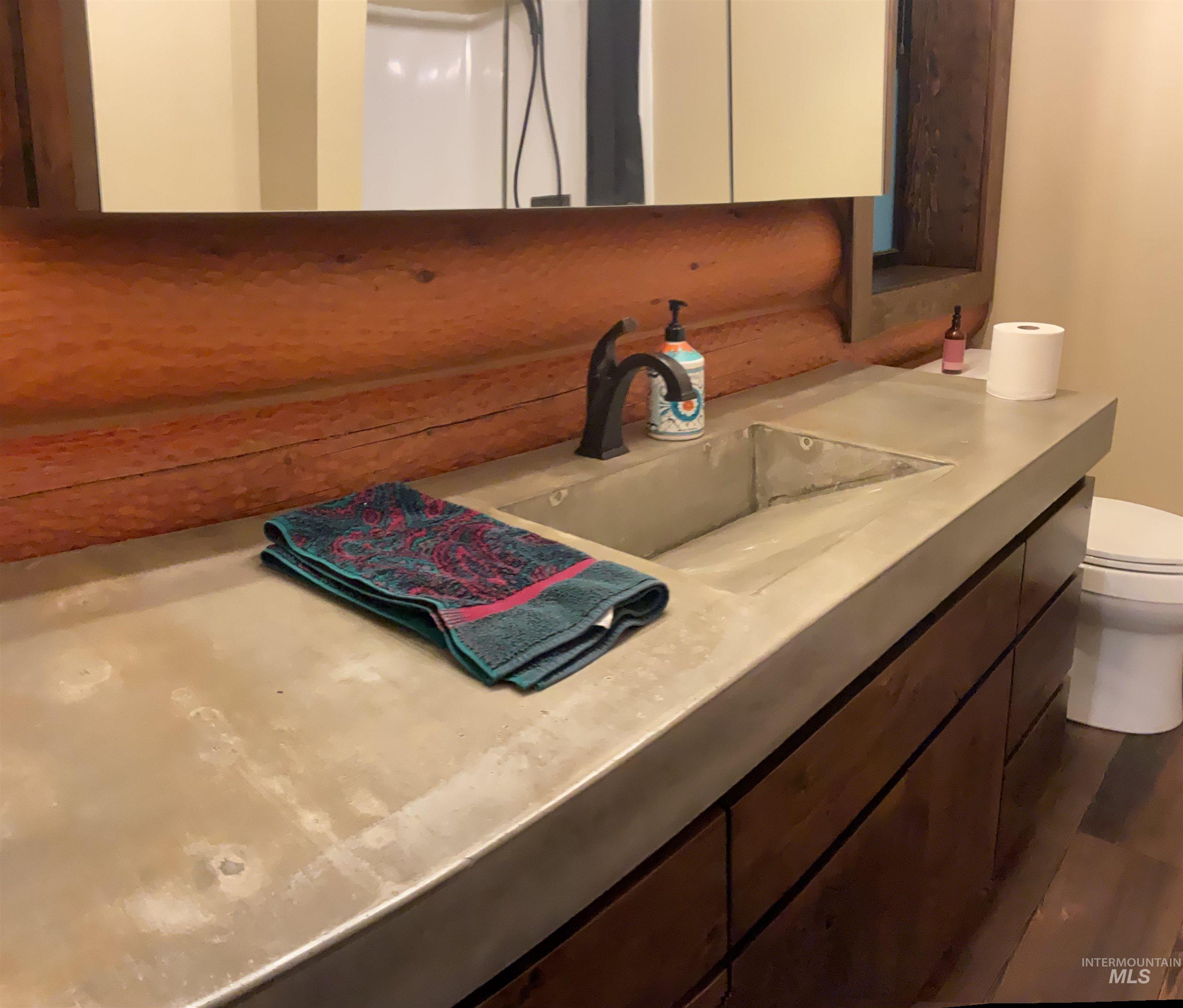 6125 Freeman Creek Road Lenore, ID 83541 - Photo 18 of 44 Bathroom featuring a concrete-finish vanity with an integrated sink and dark bronze-finish faucet