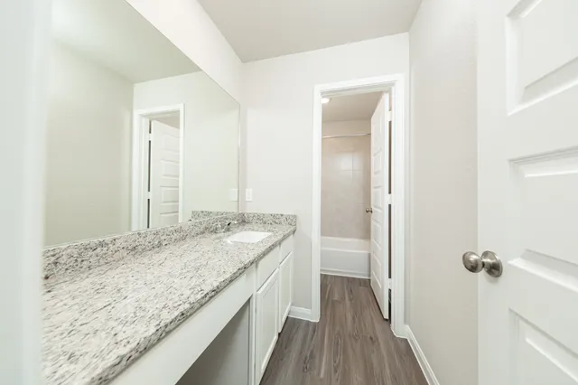 a bathroom with a granite countertop sink and a wooden floor
