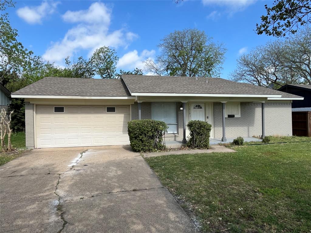 1413 Ridgecrest Drive Plano, TX 75074 - Photo 1 of 22 Ranch-style house with brick siding, a shingled roof, concrete driveway, and a front lawn