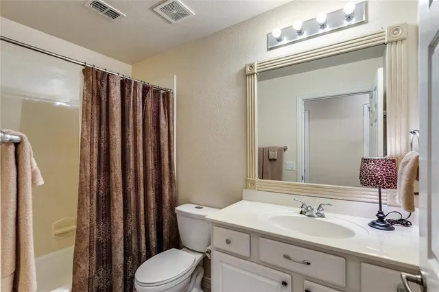 a bathroom with a sink a toilet a mirror and shower curtain