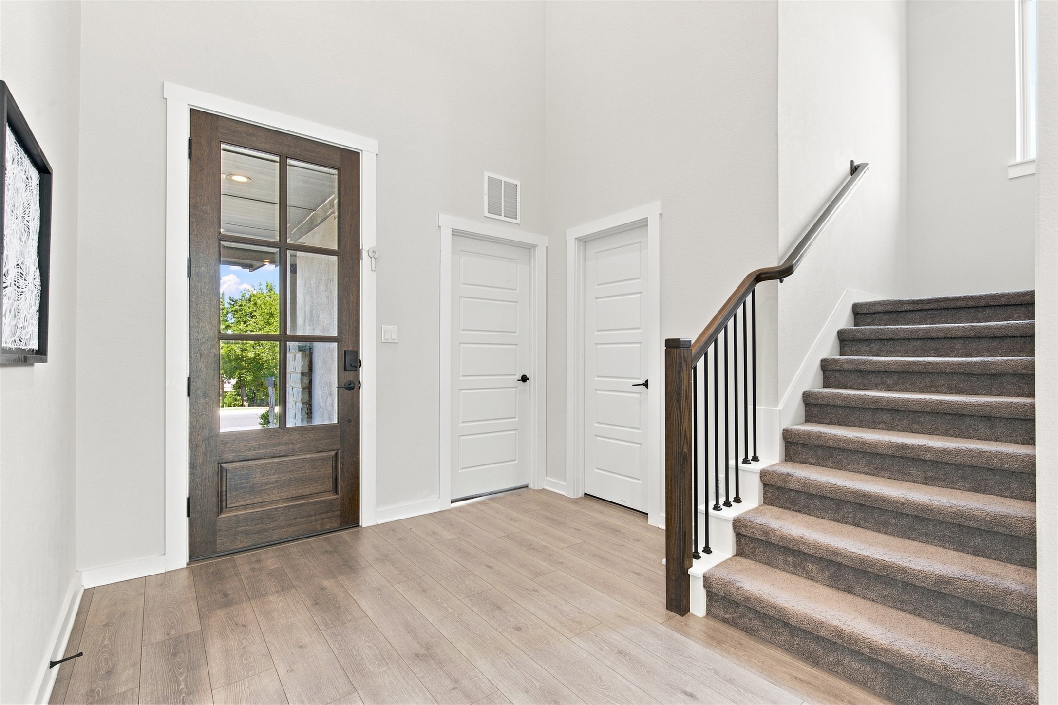 336 Berkeley Place Georgetown, TX 78628 - Photo 21 of 36 Sunlight streams through the glass-paneled entry door, highlighting a soaring ceiling and carpeted stairs.