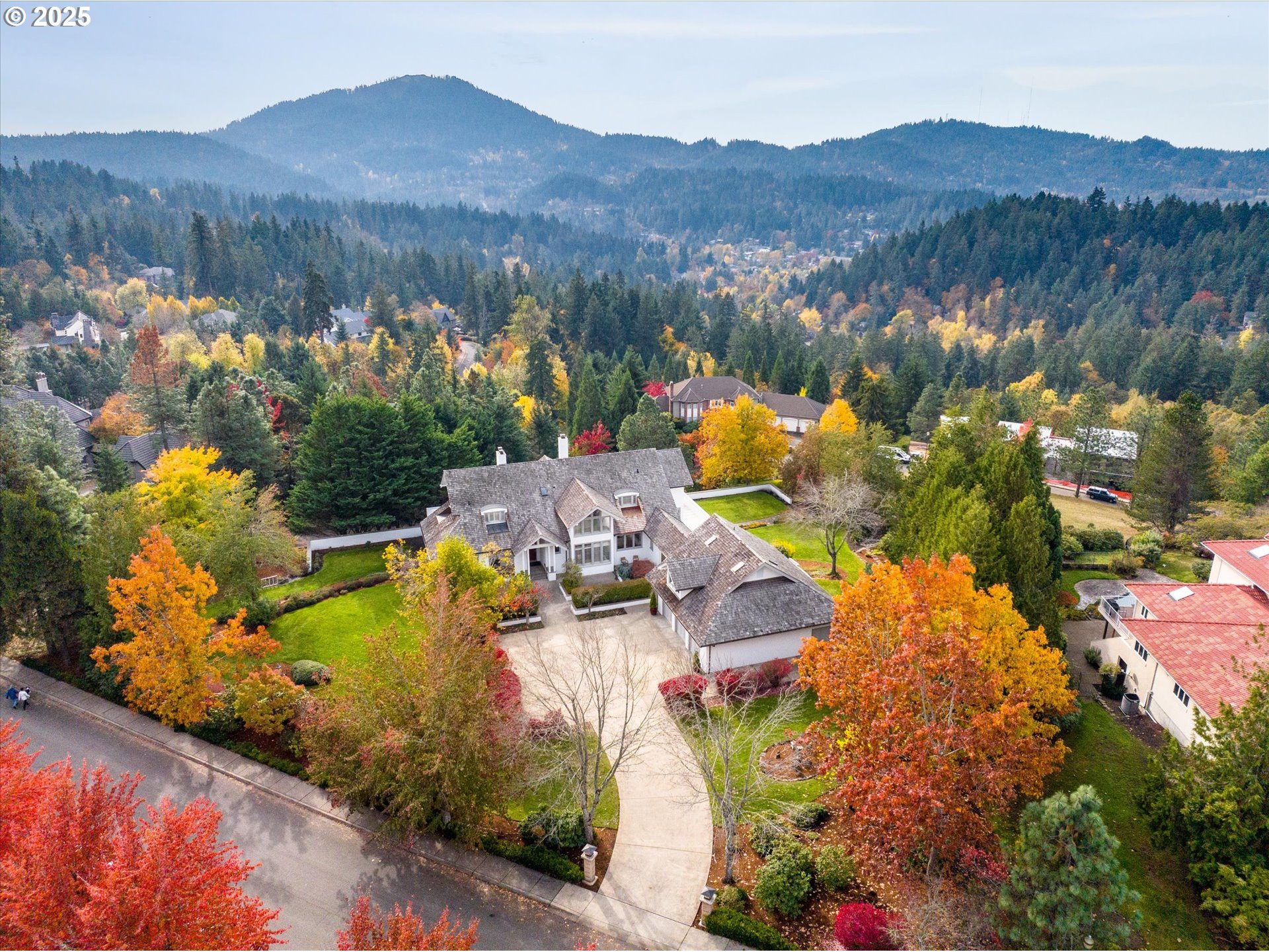 a view of a house with a mountain and a forest