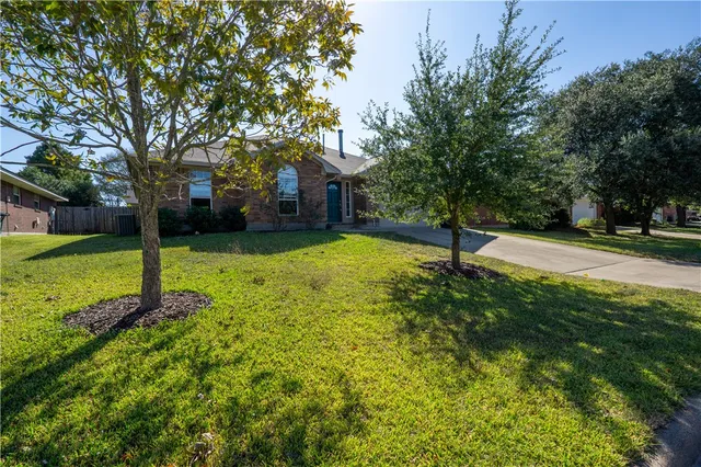 a view of a house with a yard and tree s