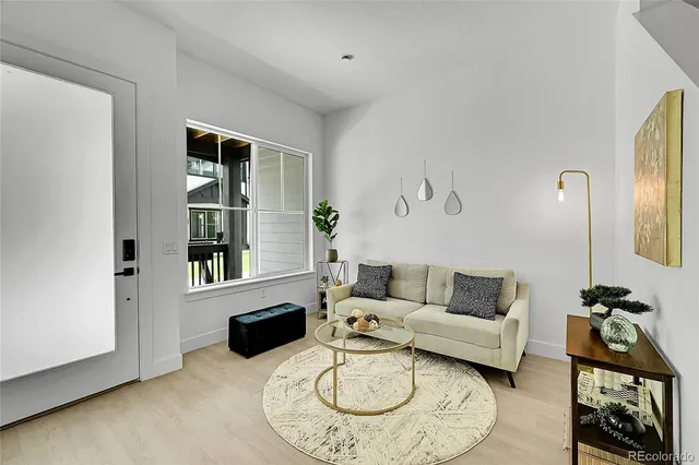 a living room with furniture a rug and a window