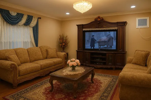 a living room with furniture and a fireplace