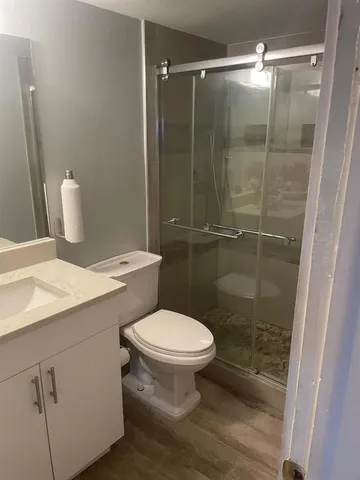 a bathroom with a shower and a toilet