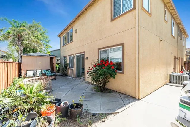a view of a backyard with plants and a patio