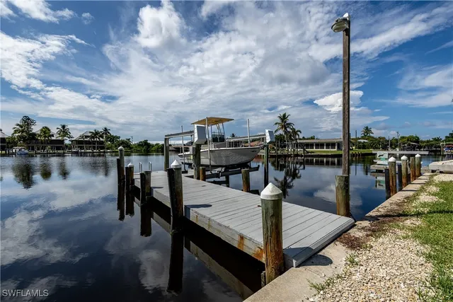 a view of a lake with boats and palm trees