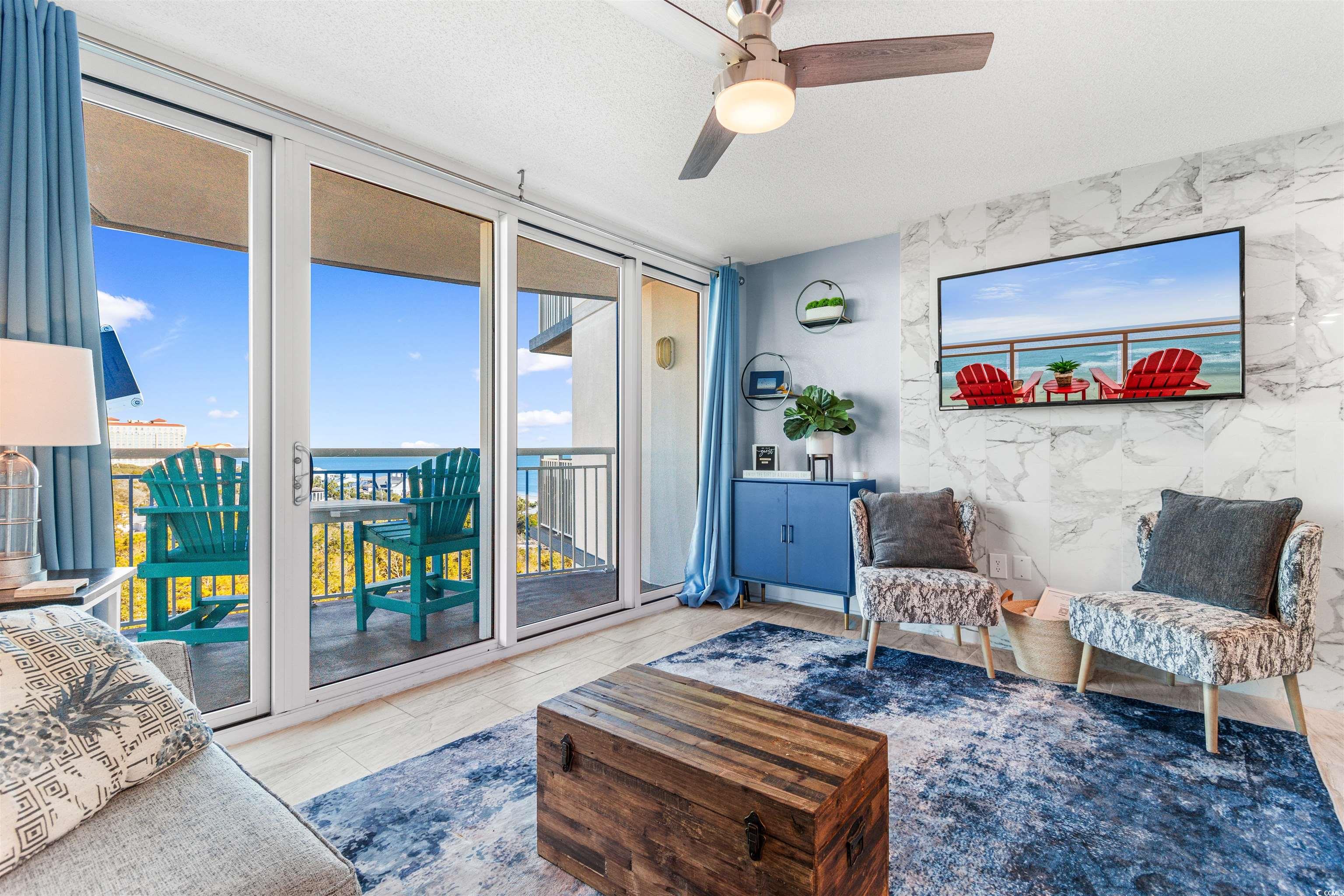 215 77th Avenue North, Unit 603 Myrtle Beach, SC 29572 - Photo 8 of 37 Living room with a ceiling fan and a textured ceiling