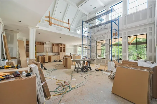 a kitchen with counter top space and refrigerator