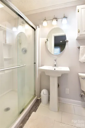 a bathroom with a sink mirror and shower