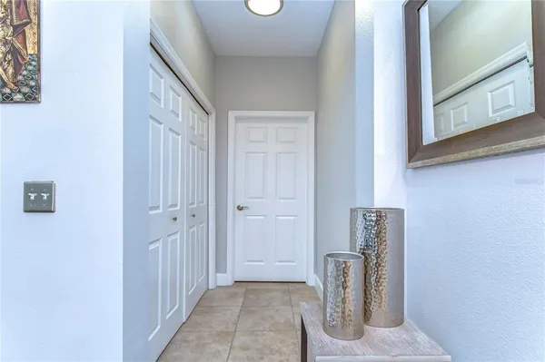 a view of a hallway with door