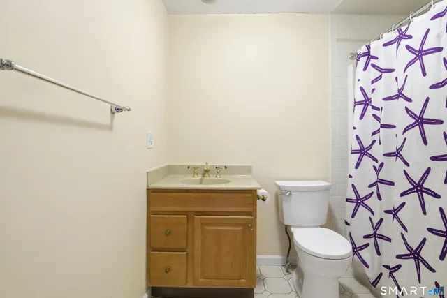 a white toilet sitting next to a shower curtain