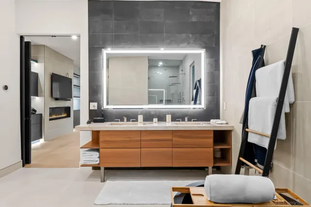 a view of a hallway with wooden shelves