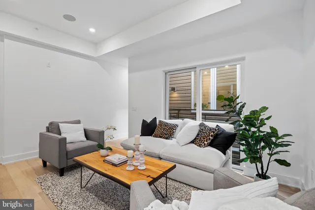 a living room with furniture potted plant and a window