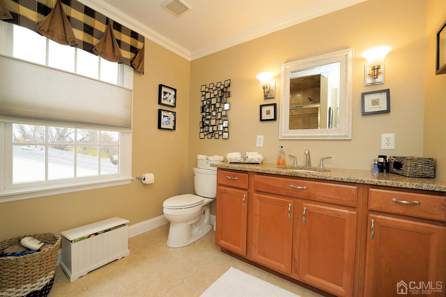 56 Kingsley Road Kendall Park, NJ 08824 - Photo 55 of 62 a bathroom with a granite countertop toilet sink and mirror