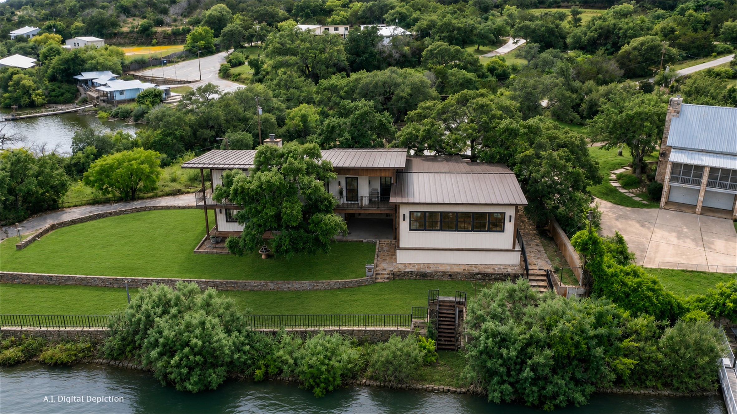325 Eagle Rest Burnet, TX 78611 - Photo 8 of 40 AI generated photo. Lakeside sanctuary offers lush terraced grounds.