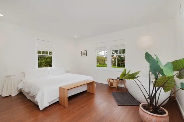 a spacious bedroom with a bed and a potted plant