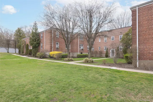 a view of a park with large trees