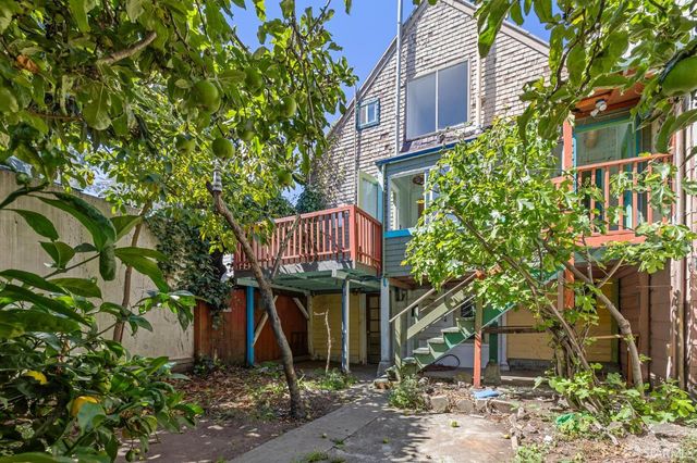 a front view of a house with plants and trees