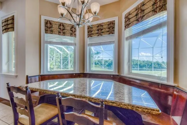 a view of a dining room with furniture window and outside view