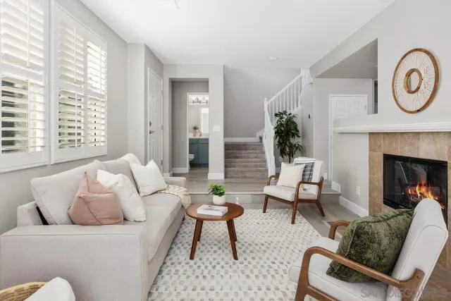 a living room with furniture a rug and a fireplace