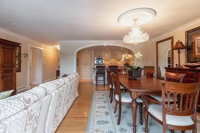 a view of a dining room with furniture