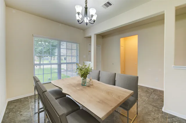 a view of a dining room with furniture window and outside view