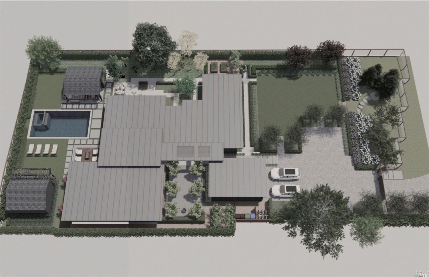 an aerial view of a house with yard and parking