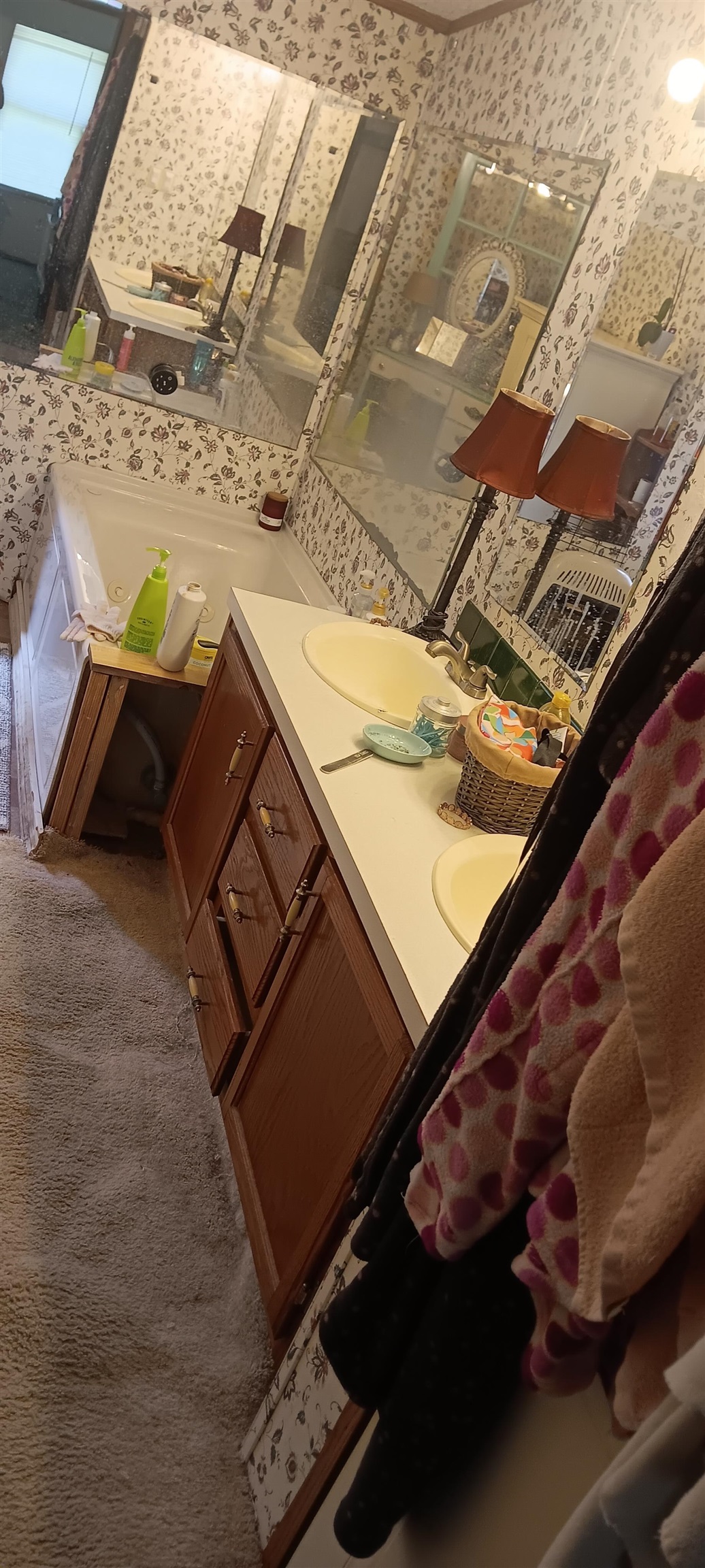 100 Academy Road Pulaski, TN 38478 - Photo 3 of 36 Bathroom featuring vanity, wallpapered walls, and carpet floors