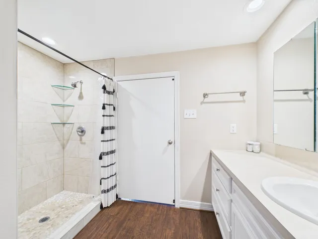 a bathroom with a sink and a shower