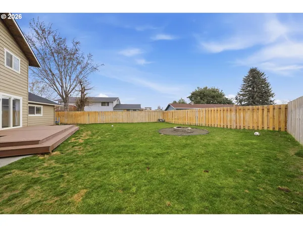 a view of a back yard with an tree