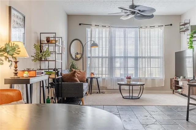 a living room with furniture two window and a flat screen tv