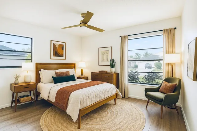 a view of a house with a big yard and large trees