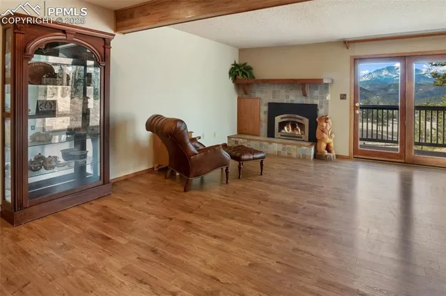 a view of a livingroom with furniture and a fireplace