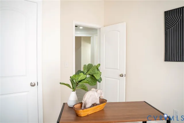 a room with a potted plant and wooden floor