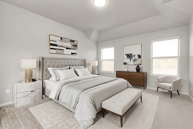 a bedroom with a bed and a couch