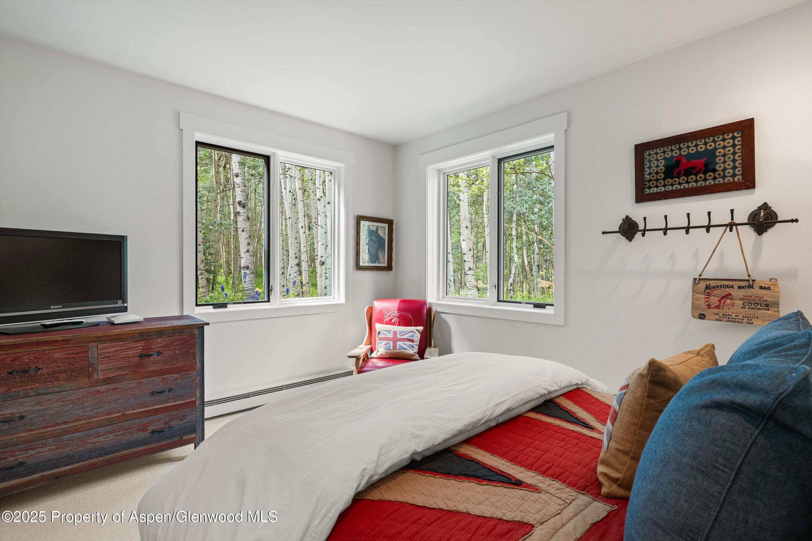 9555 Castle Creek Road Aspen, CO 81612 - Photo 25 of 42 a bedroom with a bed and flat screen tv